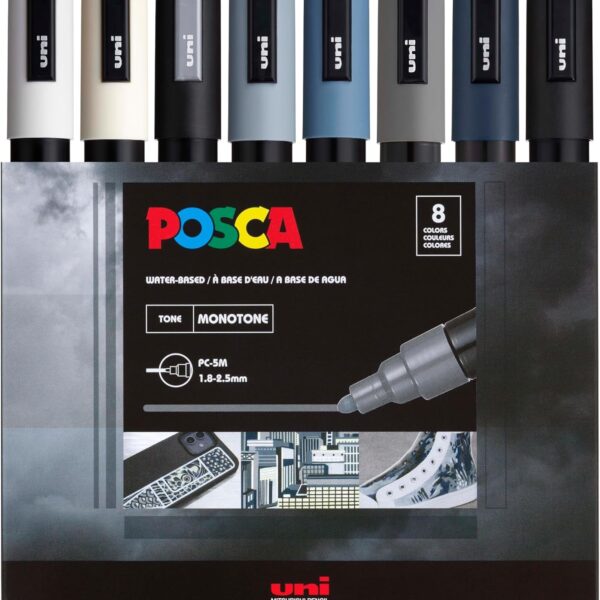 Posca Markers Set, 8 Medium Paint Markers 5M – Mono Tones – White, Ivory, Silver, Grey, Slate Grey, Deep Grey, Navy Blue, Black