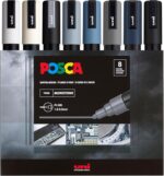 Posca Markers Set, 8 Medium Paint Markers 5M – Mono Tones – White, Ivory, Silver, Grey, Slate Grey, Deep Grey, Navy Blue, Black