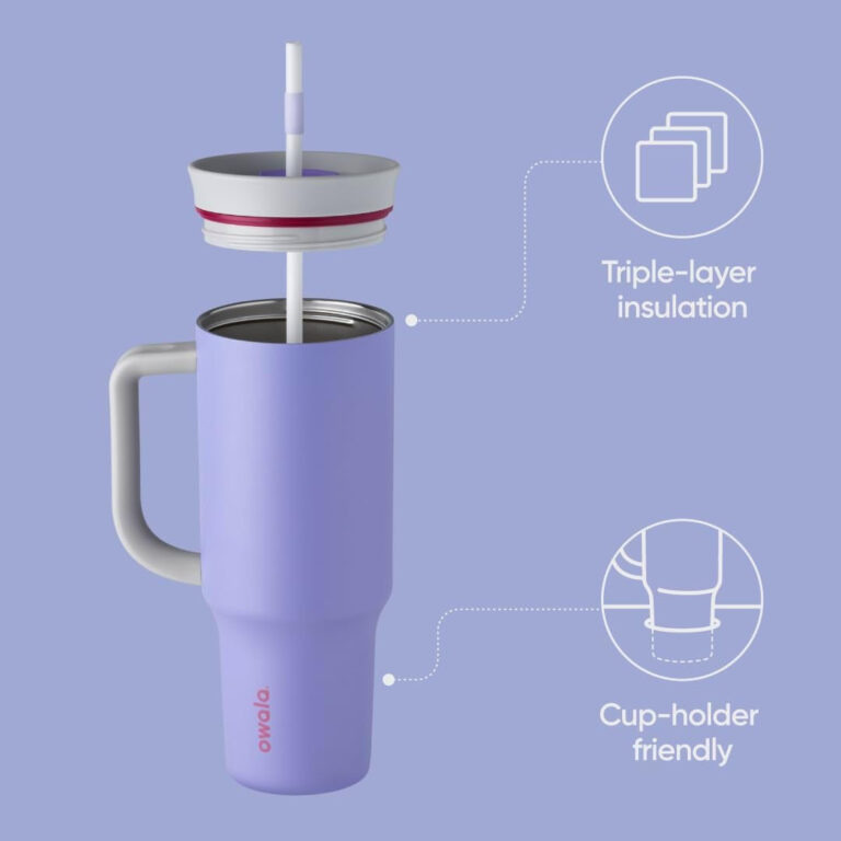 Owala Stainless Steel Triple Layer Insulated Travel Tumbler with Spill Resistant Lid, Straw, and Carry Handle, BPA Free, 40 Oz, Light Purple (Whimsical Daydream)