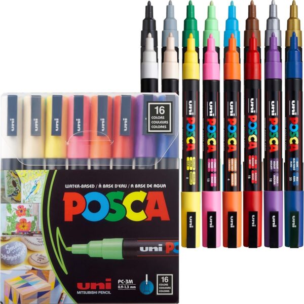 16 Posca Paint Markers, 3M Fine Posca Markers with Reversible Tips, Posca Marker Set of Acrylic Paint Pens | Posca Pens for Art Supplies, Fabric Paint, Fabric Markers, Paint Pen, Art Markers