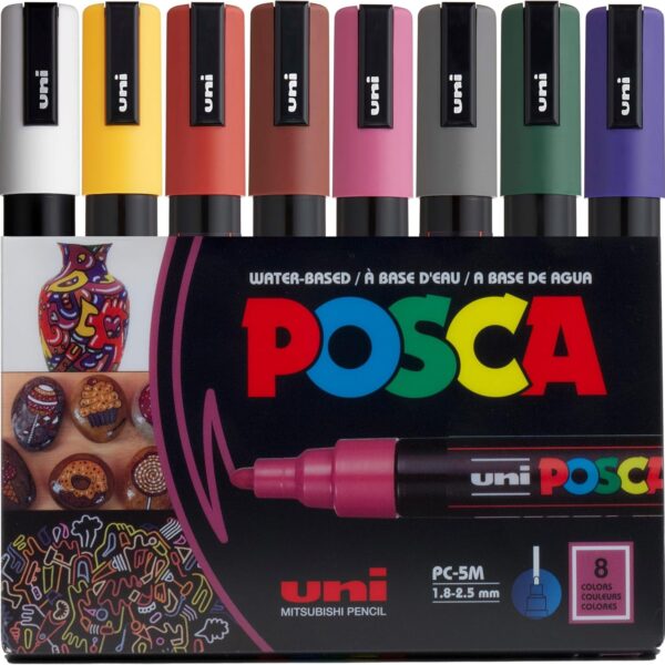 Posca Markers Set, 8 Medium Paint Markers 5M – Dark Tones – White, Ochre, Ruby Red, Cacao Brown, Raspberry, Deep Grey, English Green, Prussian Blue