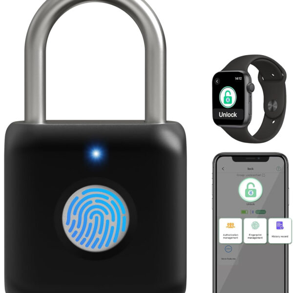 Fingerprint Padlock, Pothunder Smart Padlock, Locker Lock, Combination Lock, Fingerprint Lock with APP Unlock, USB Rechargeable, Suitable for Gym Locker, Door, Locker(Black)