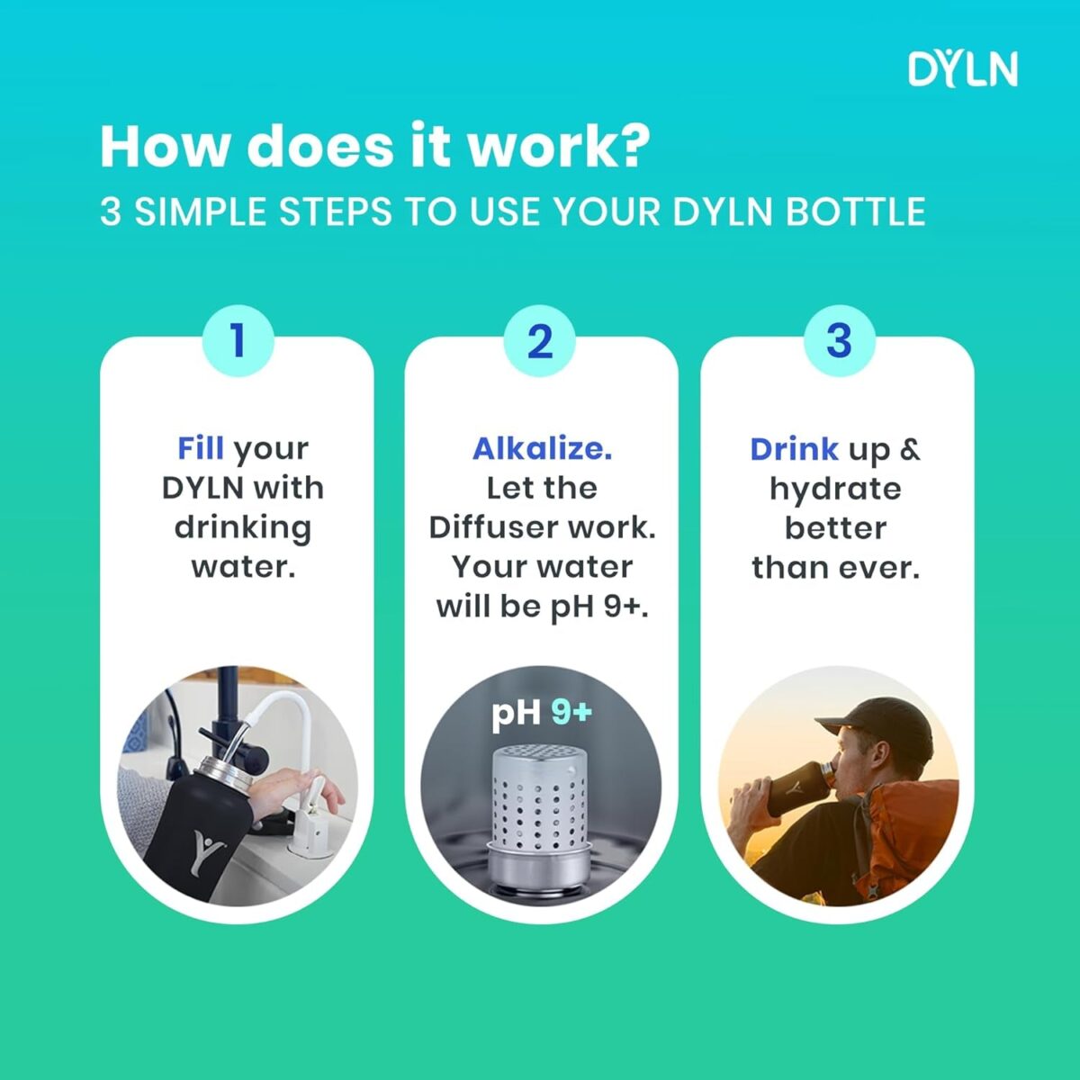 DYLN Alkaline Water Bottle | Portable Hydrogen Water Bottle Creates Hydrogen-Rich Water up to 9.5 Ph | Vacuum Insulated Stainless Steel Keeps Water Cold for 24 Hours