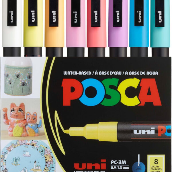 Posca Markers Set, 8 Fine Paint Markers 3M – Soft Tones – White, Sunshine Yellow, Apricot, Light Pink, Coral Pink, Lavender, Light Blue, Aqua Green