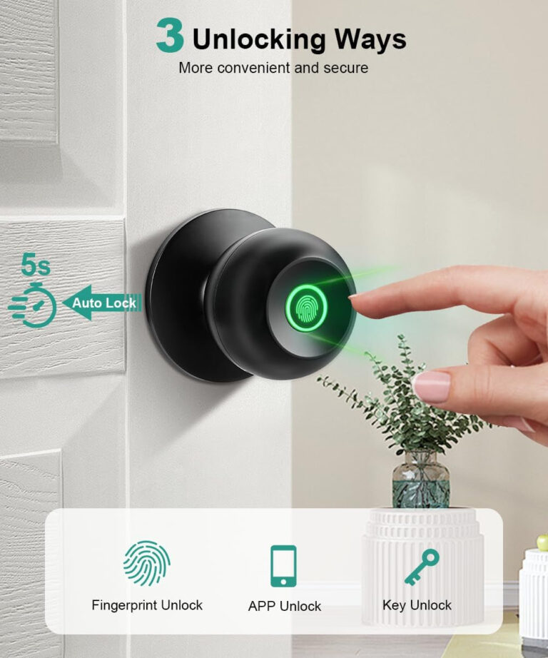 Fingerprint Door Lock, Smart Fingerprint Door Knob with Lock, Biometric Door Lock with App Control & Key, Keyless Thumbprint Entry Door Lock for Bedroom, Front Door, Home, Apartment Office and Garages