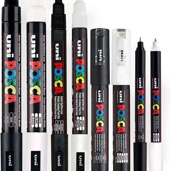 POSCA Black & White - Fine to Medium Set of 8 Pens PC-5M, PC-3M, PC-1M, PC-1MR