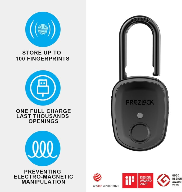 Fingerprint Padlock with Key Backup, 2Keys, Prezlock, Smart Padlock with Keyless Biometric, Suitable for Outdoor and Heavy Duty, IP65 Waterproof.