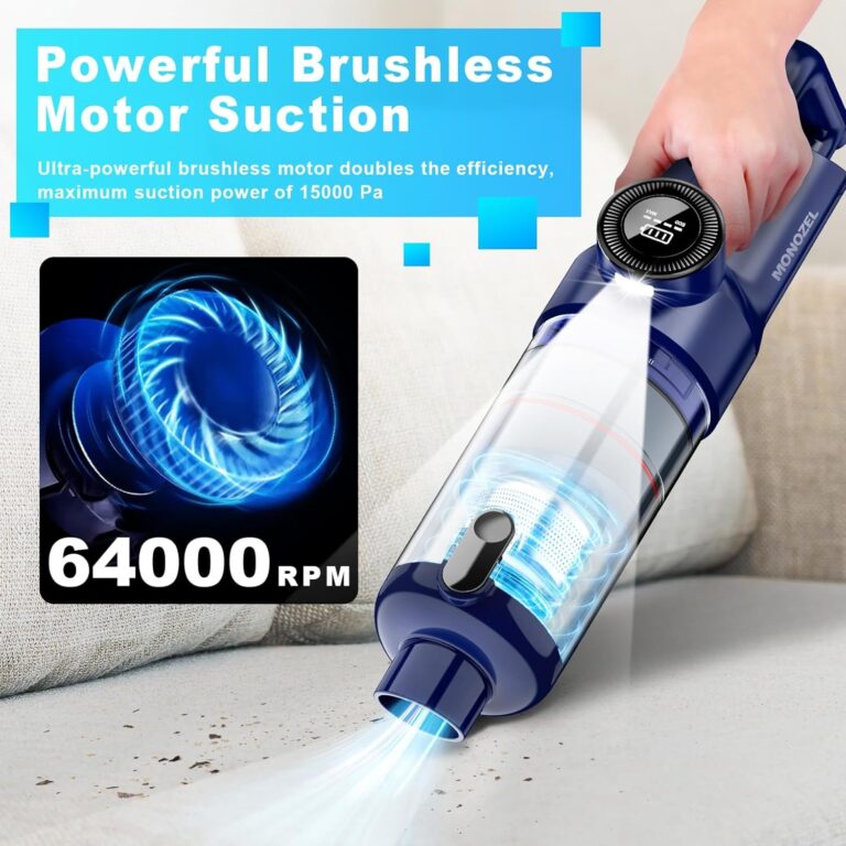 Handheld Vacuum Cordless - Car Vacuum Cleaner with Brushless Motor, 15000Pa Strong Suction Vacuum with LED Light, Type C Cable, 2 Fliters, Portable Hand Vacuum for Home, Pet and Car