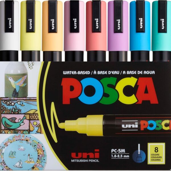 Posca Markers Set, 8 Medium Paint Markers 5M – Soft Tones – White, Sunshine Yellow, Apricot, Light Pink, Coral Pink, Lavender, Light Blue, Aqua Green