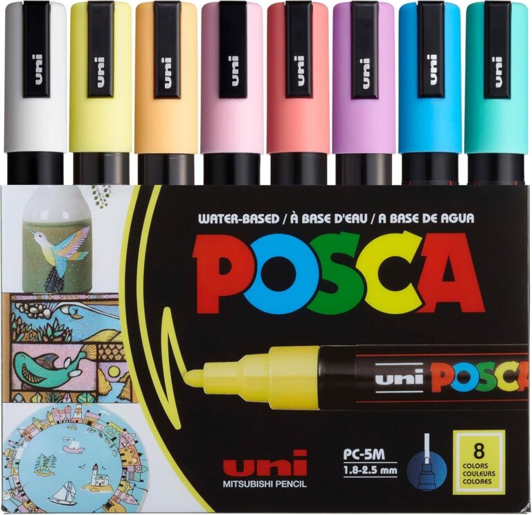 Posca Markers Set, 8 Medium Paint Markers 5M – Soft Tones – White, Sunshine Yellow, Apricot, Light Pink, Coral Pink, Lavender, Light Blue, Aqua Green