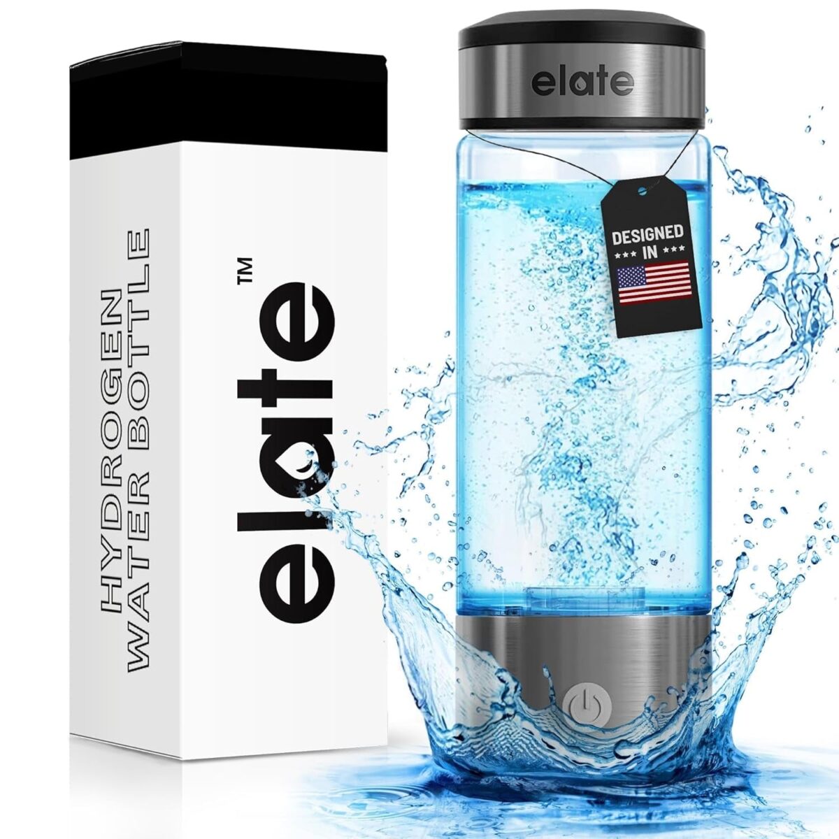 Elate Hydrogen Water Bottle - 14Oz Portable Hydrogen Water Ionizer Generator - SPE PEM Technology - Generates Hydrogenated Rich Infused Drinking Water 1600Ppb in 3 Minutes (Silver)