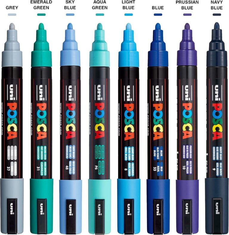 Posca Markers Set, 8 Medium Paint Markers 5M – Cool Tones – Grey, Emerald Green, Sky Blue, Aqua Green, Light Blue, Blue, Prussian Blue, Navy Blue