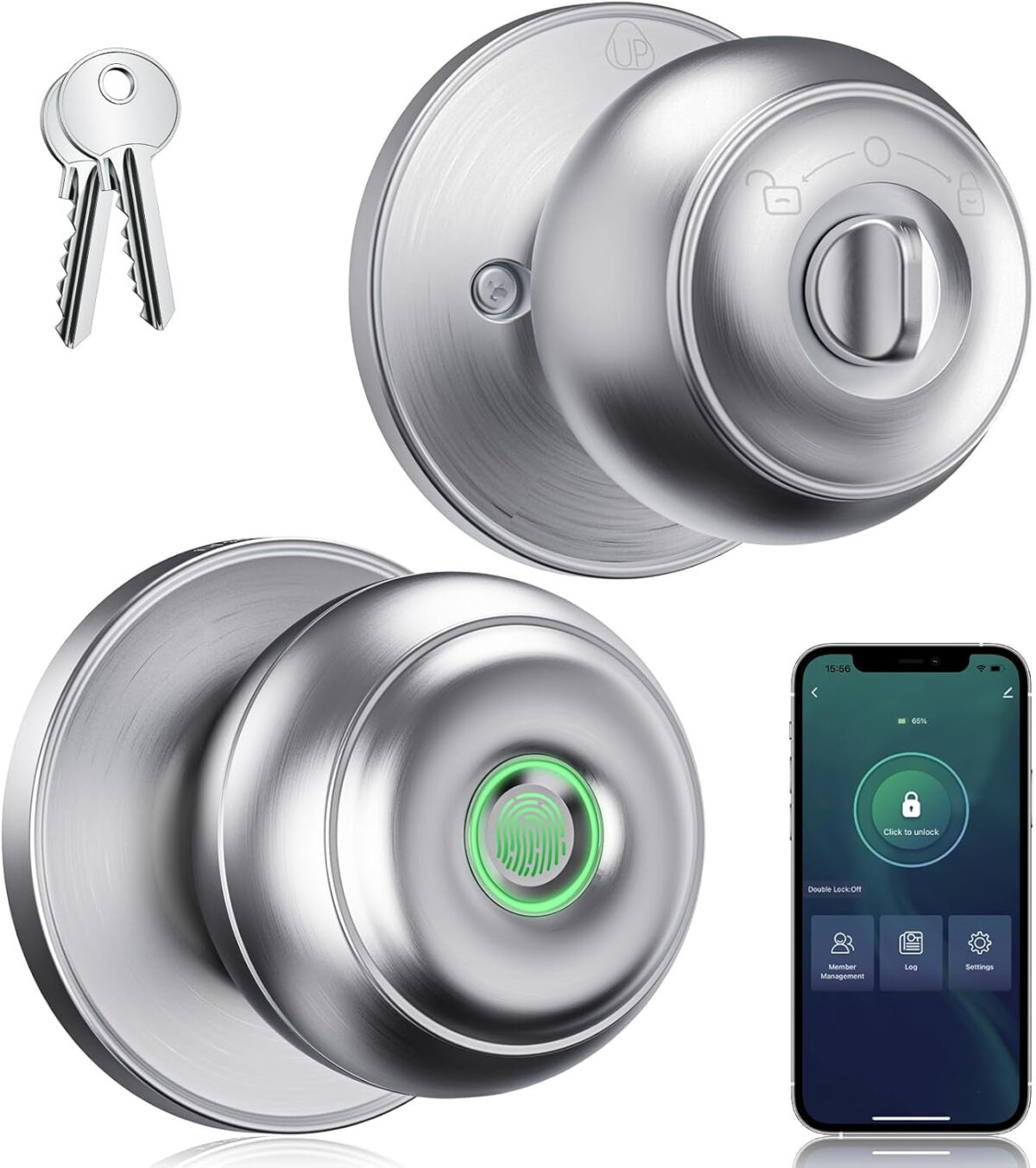 Geektale Fingerprint Door Knob Lock for Bedroom Basement Garage Office with App, Smart Knob,Biometric Thumbprint Fingerprint Door Lock, Entry Private Passage Mode 3In1