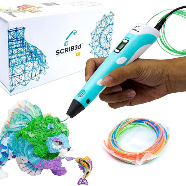 SCRIB3D P1 3D Printing Pen with Display - Includes 3D Pen, 3 Starter Colors of PLA Filament, Stencil Book + Project Guide, and Charger