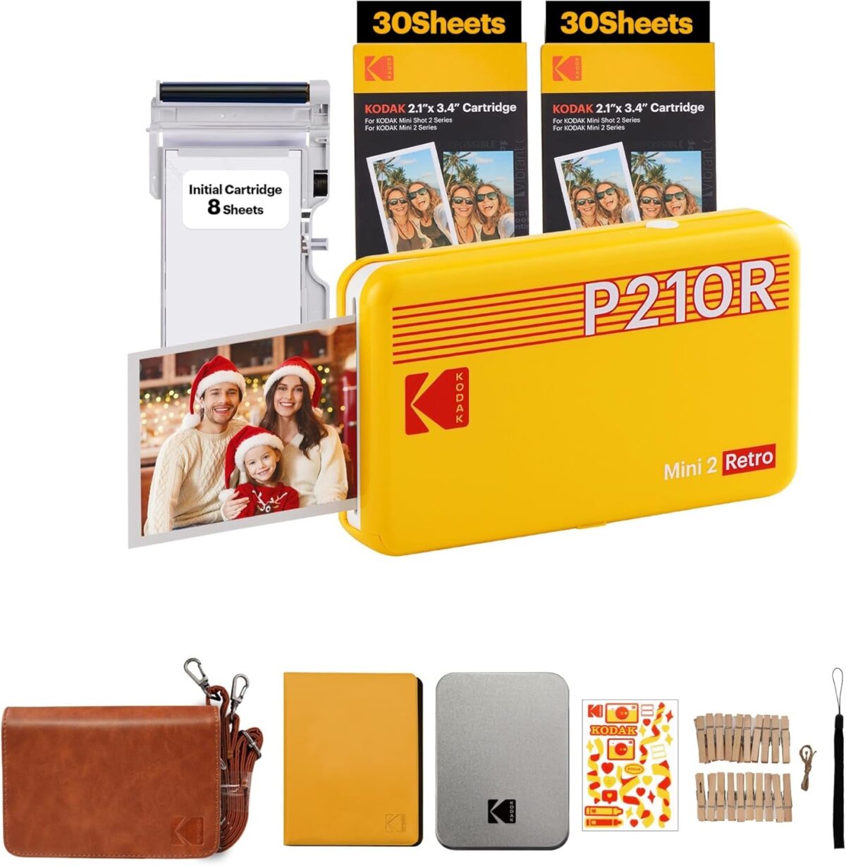 KODAK Mini 2 Retro 4PASS Portable Photo Printer (2.1X3.4 Inches) Initial 8 Sheets + 60 Sheets Bundle, White