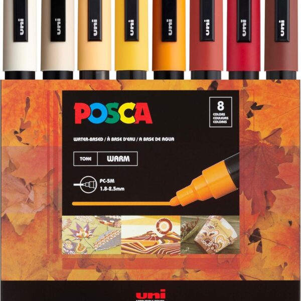 Posca Markers Set, 8 Medium Paint Markers 5M – Warm Tones – Ivory, Beige, Apricot, Ochre, Bright Yellow, Ruby Red, Dark Red, Cacao Brown