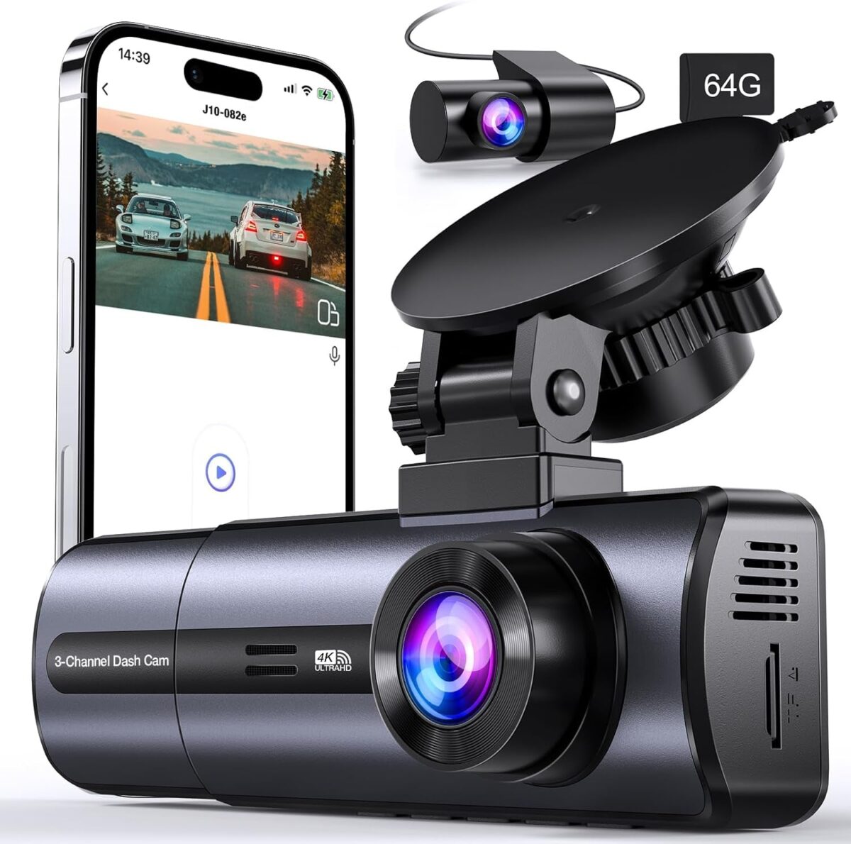 3 Channel 4K Wifi Dash Cam, 4K/2.5K+1080P+1080P Front inside and Rear, Triple Dash Camera with 64GB Card, APP Control, G-Sensor, 24 Hours Parking Mode, Loop Recording, Night Vision