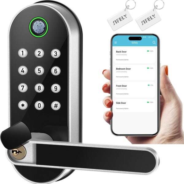 Keyless-Entry Fingerprint Smart Door Lock: Sifely Digital Electronic Lock with Code Passcode, Electric Door Knob, Biometric Door Handle Lock, Perfect for Exterior/Interior/Entry/Bedroom Doors (Silver)