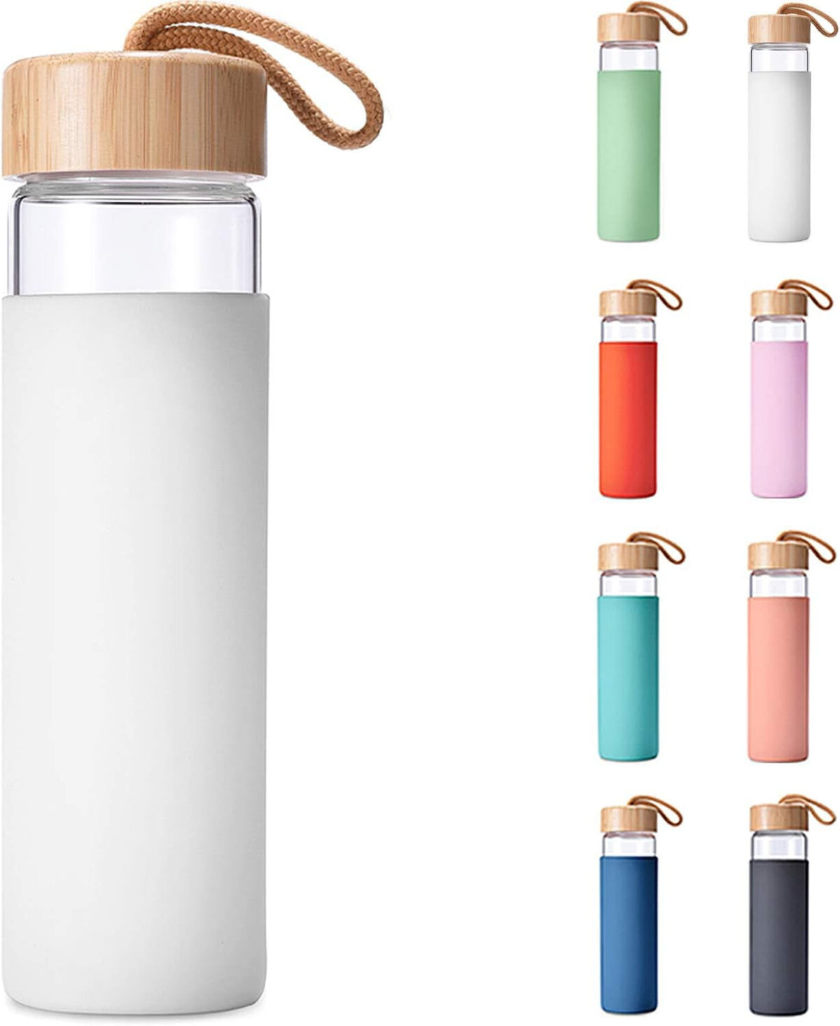 20 Oz Borosilicate Glass Water Bottle with Bamboo Lid and Silicone Sleeve – Reusable BPA Free – Glass Drinking Bottle with Lids - Cute Glass Bottle for Women - Glass Shaker Bottle with Brush