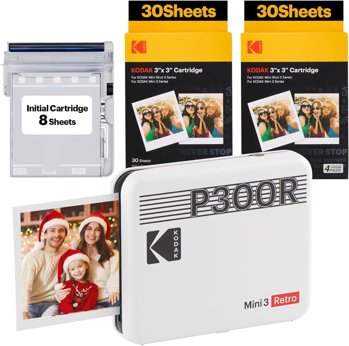 KODAK Mini 2 Retro 4PASS Portable Photo Printer (2.1X3.4 Inches) Initial 8 Sheets + 60 Sheets Bundle, White