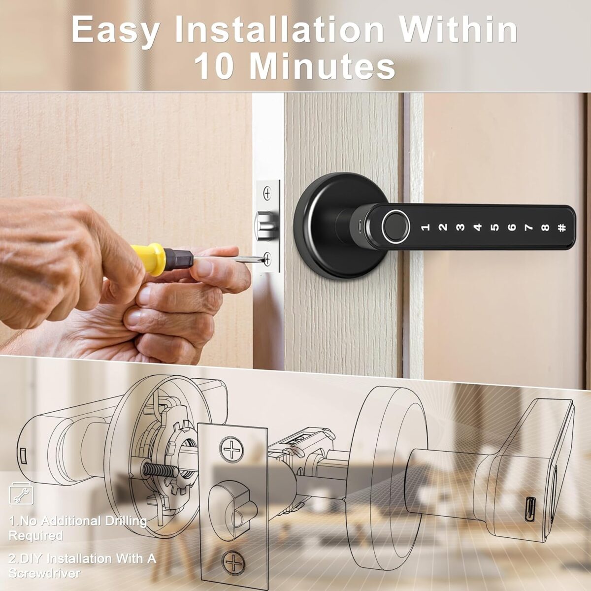 IRONZON Fingerprint Door Lock Door Knob with Keypad Keyless Entry Door Lock with Handle for Home Hotel Office Apartment Bedroom Black(F190)