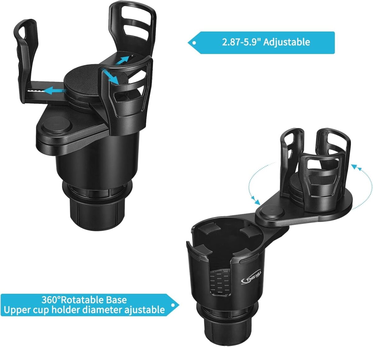 2 in 1 Large Car Cup Holder Extender Adapter THIS HILL with Adjustable Base, Wider Diameter, Universal Car Cup Holder and Organizer for Snack Bottles Cups Drinks New Upgraded