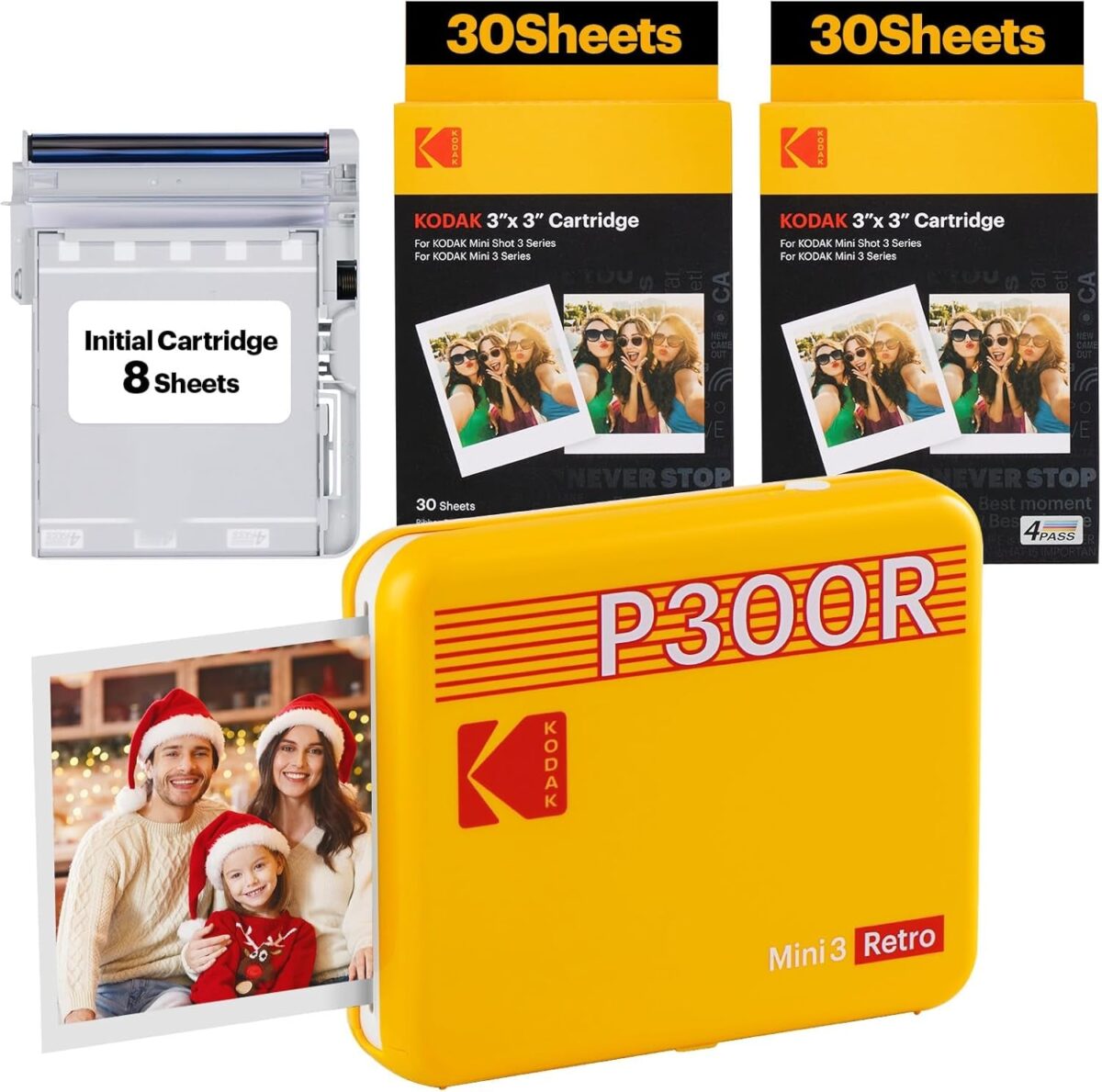 KODAK Mini 2 Retro 4PASS Portable Photo Printer (2.1X3.4 Inches) Initial 8 Sheets + 60 Sheets Bundle, White