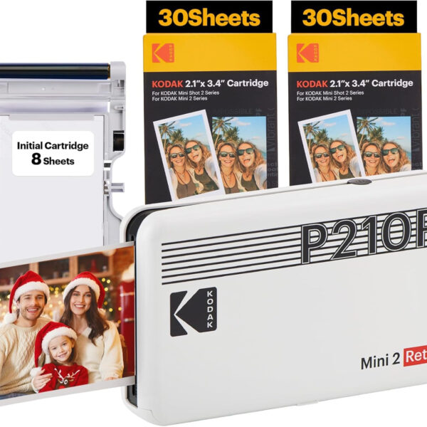 KODAK Mini 2 Retro 4PASS Portable Photo Printer (2.1X3.4 Inches) Initial 8 Sheets + 60 Sheets Bundle, White