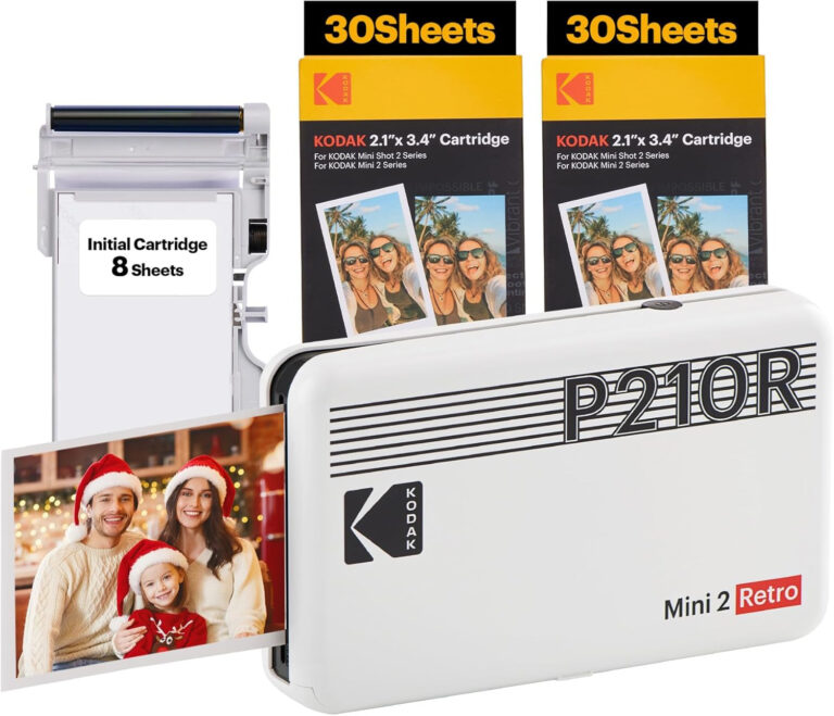 KODAK Mini 2 Retro 4PASS Portable Photo Printer (2.1X3.4 Inches) Initial 8 Sheets + 60 Sheets Bundle, White