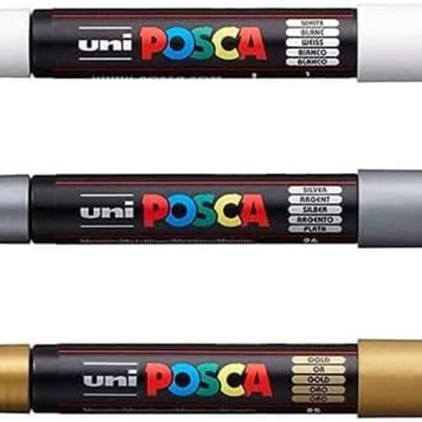 Posca Authentic Marker Set, 3 White, Gold, & Silver Professional Grade Paint Markers with 1M Extra Fine Tip