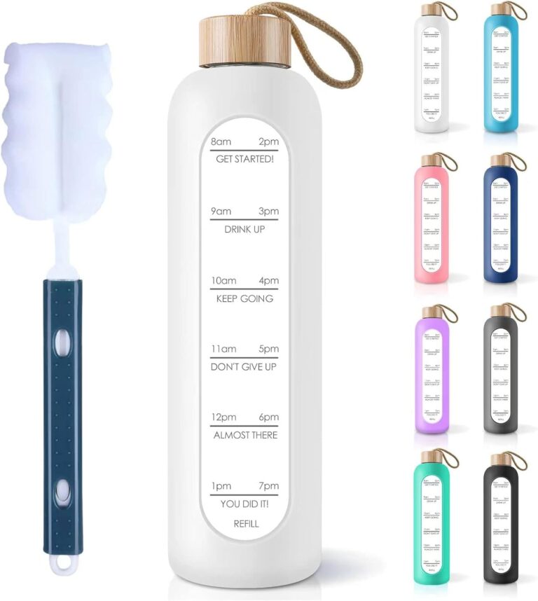 PROBTTL 32 Oz Borosilicate Glass Water Bottle with Time Marker Reminder Quotes, 1 Liter Leak Proof Reusable BPA Free Motivational Water Bottles with Silicone Sleeve and Bamboo Lid (White)