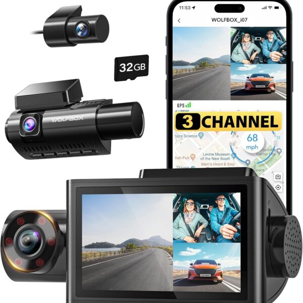 WOLFBOX I07 3 Channel Dash Cam Built-In Wifi GPS, 4K+1080P Dash Camera Front and Inside, 1440P+1080P+1080P Triple Car Camera with 3" LCD Screen, 32GB Card Included, IR Night Vision, 24H Parking Mode