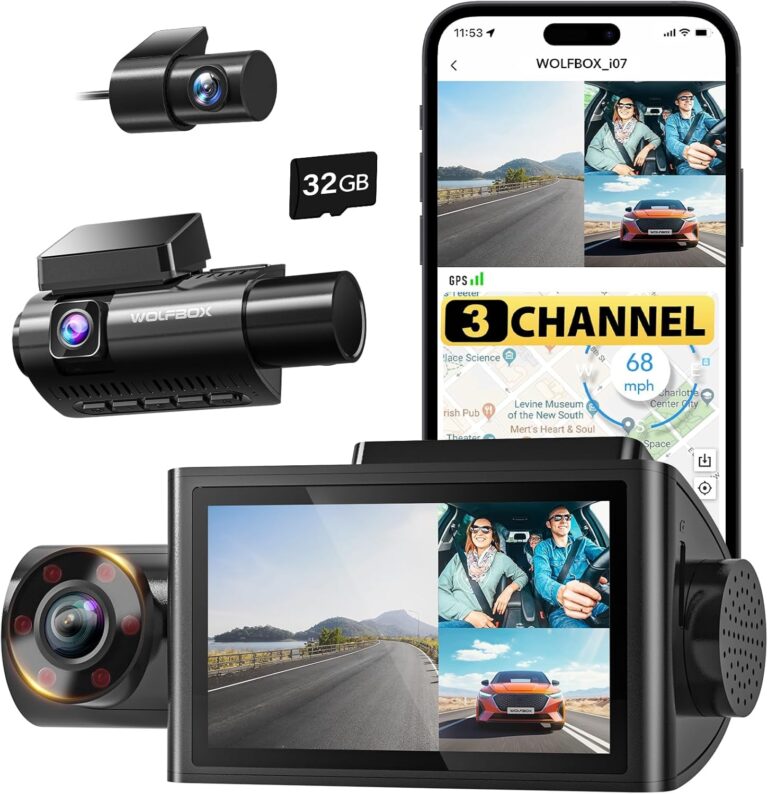 WOLFBOX I07 3 Channel Dash Cam Built-In Wifi GPS, 4K+1080P Dash Camera Front and Inside, 1440P+1080P+1080P Triple Car Camera with 3" LCD Screen, 32GB Card Included, IR Night Vision, 24H Parking Mode