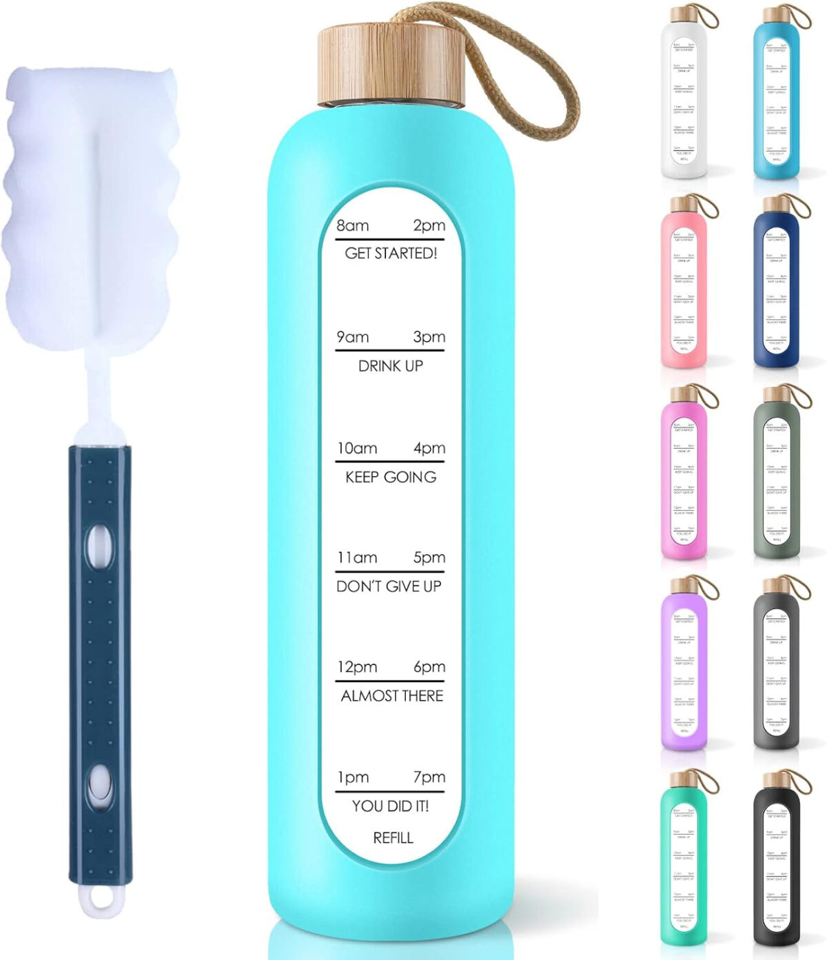 PROBTTL 32 Oz Borosilicate Glass Water Bottle with Time Marker Reminder Quotes, 1 Liter Leak Proof Reusable BPA Free Motivational Water Bottles with Silicone Sleeve and Bamboo Lid (White)