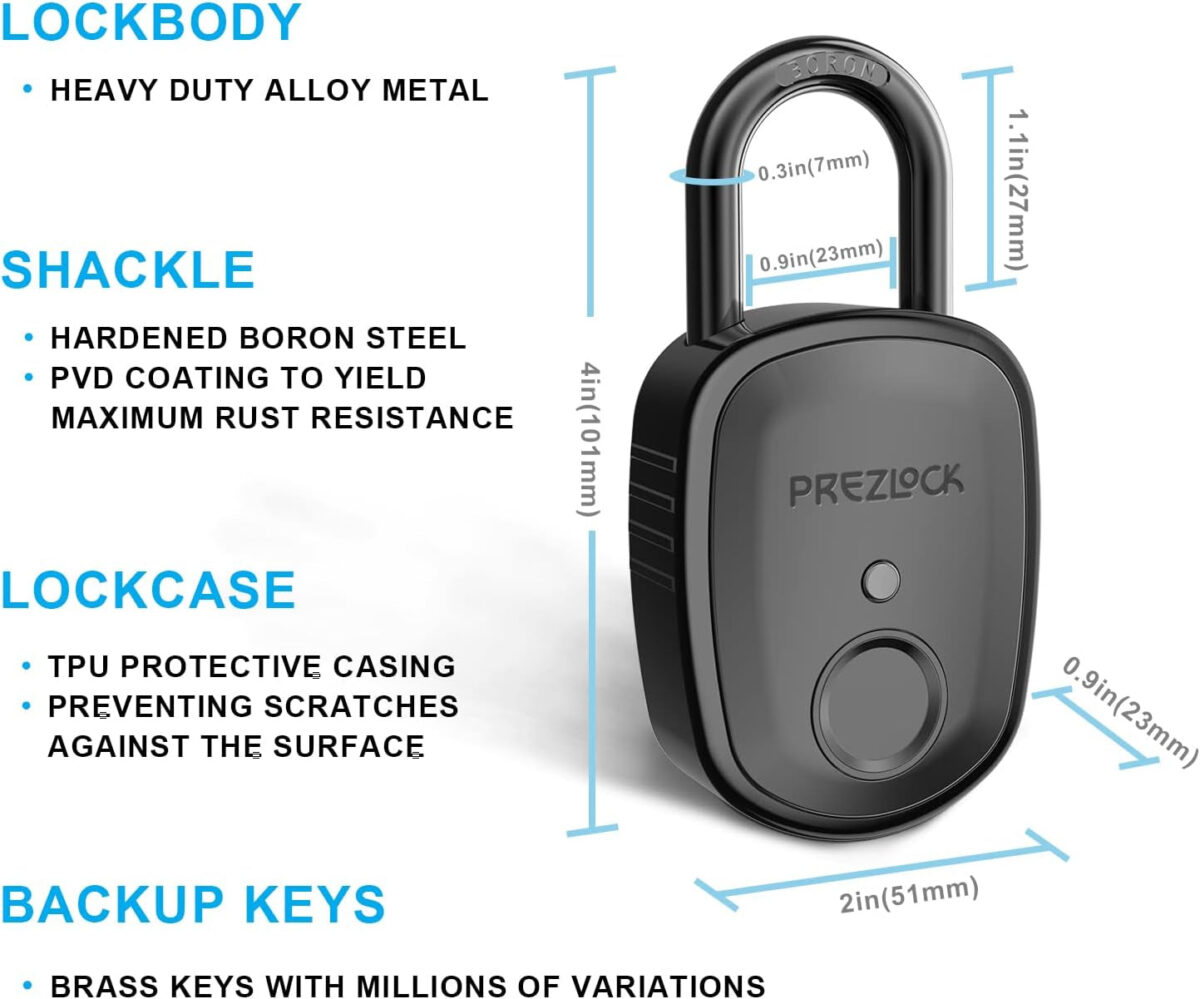 Fingerprint Padlock with Key Backup, 2Keys, Prezlock, Smart Padlock with Keyless Biometric, Suitable for Outdoor and Heavy Duty, IP65 Waterproof.