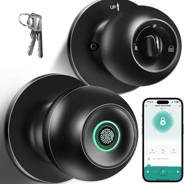 Fingerprint Door Lock, Smart Fingerprint Door Knob with Lock, Biometric Door Lock with App Control & Key, Keyless Thumbprint Entry Door Lock for Bedroom, Front Door, Home, Apartment Office and Garages