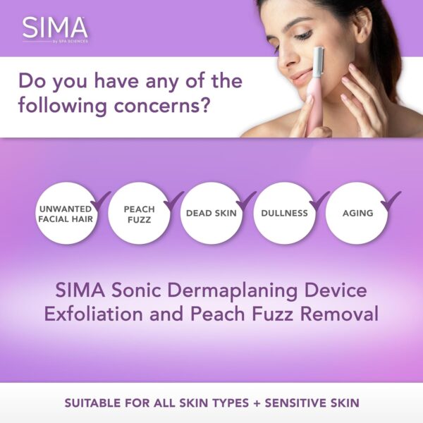 SPA SCIENCES - SIMA Sonic Dermaplaning Tool - Patented Painless 2 in 1 Facial Exfoliation & Peach Fuzz-Hair Removal System W/ 7 Weeks Treatment Included - Anti-Aging – 3 Speeds – Rechargeable