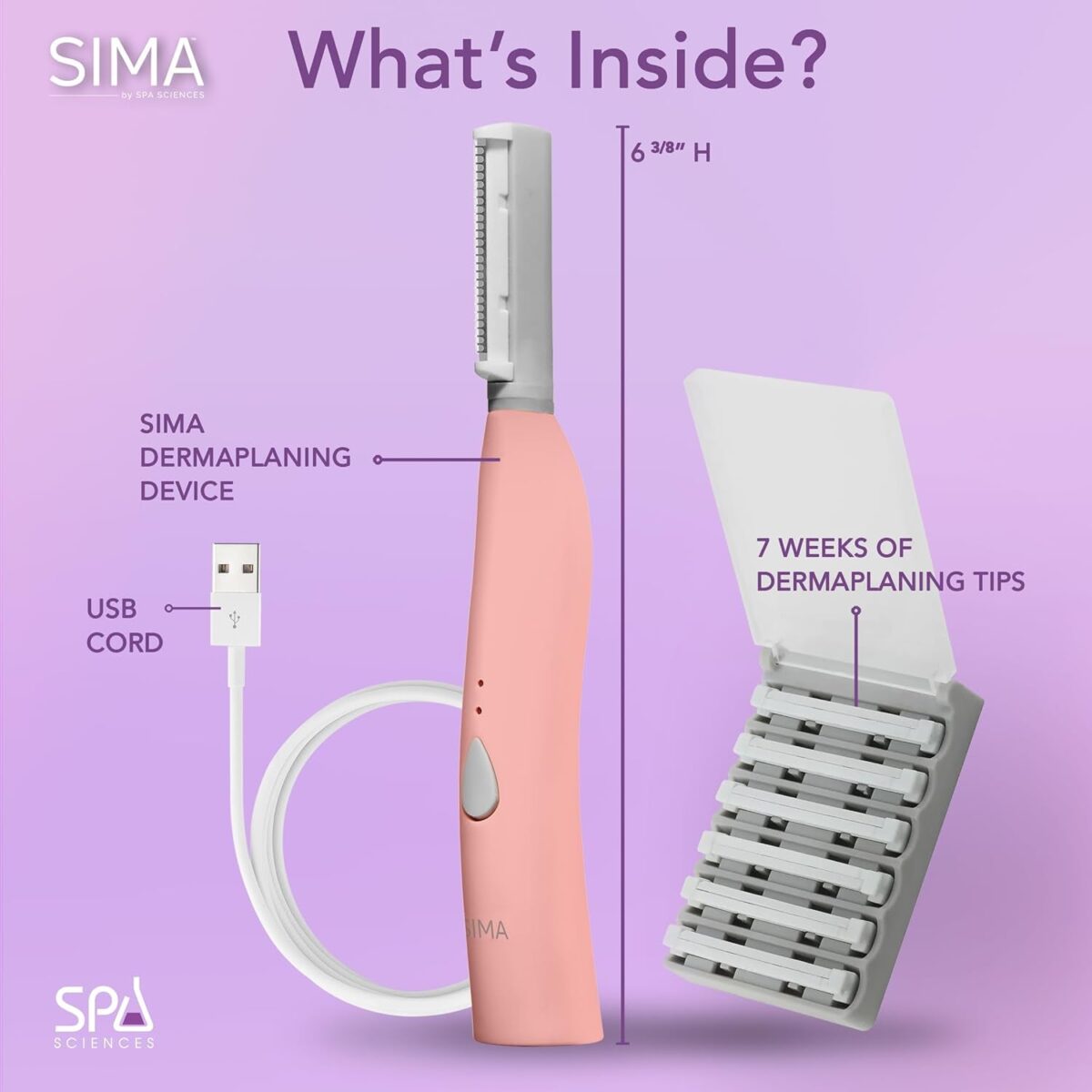 SPA SCIENCES - SIMA Sonic Dermaplaning Tool - Patented Painless 2 in 1 Facial Exfoliation & Peach Fuzz-Hair Removal System W/ 7 Weeks Treatment Included - Anti-Aging – 3 Speeds – Rechargeable