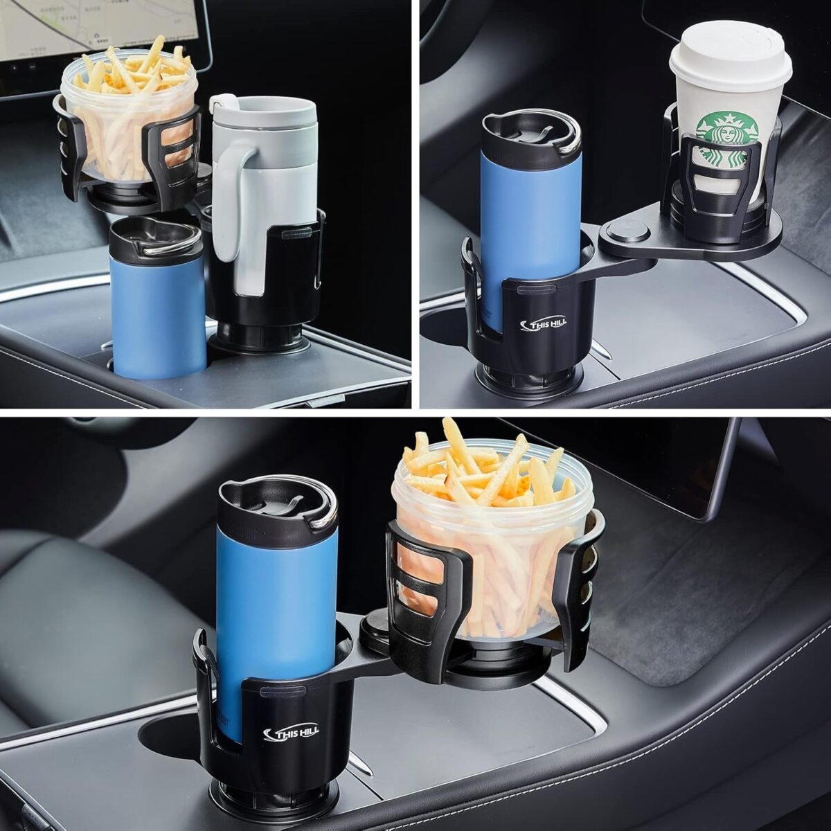 2 in 1 Large Car Cup Holder Extender Adapter THIS HILL with Adjustable Base, Wider Diameter, Universal Car Cup Holder and Organizer for Snack Bottles Cups Drinks New Upgraded