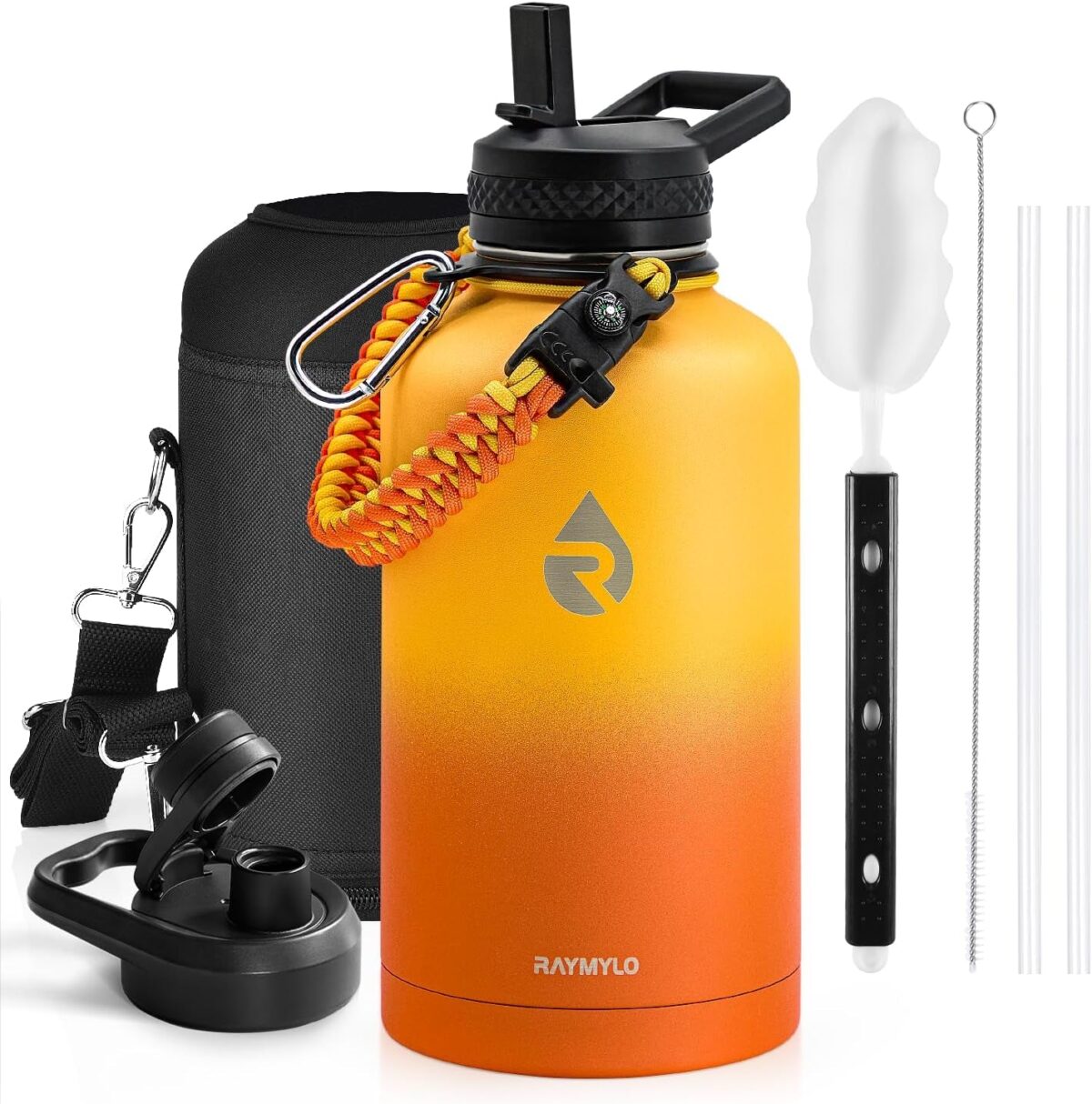 One Gallon Water Bottle Insulated, Triple Walled Vacuum Stainless Steel (Cold for 48 Hrs), Leak Proof & Non-Bpa, Large Water Flask Jug with Paracord Handle & Straw Spout Lids