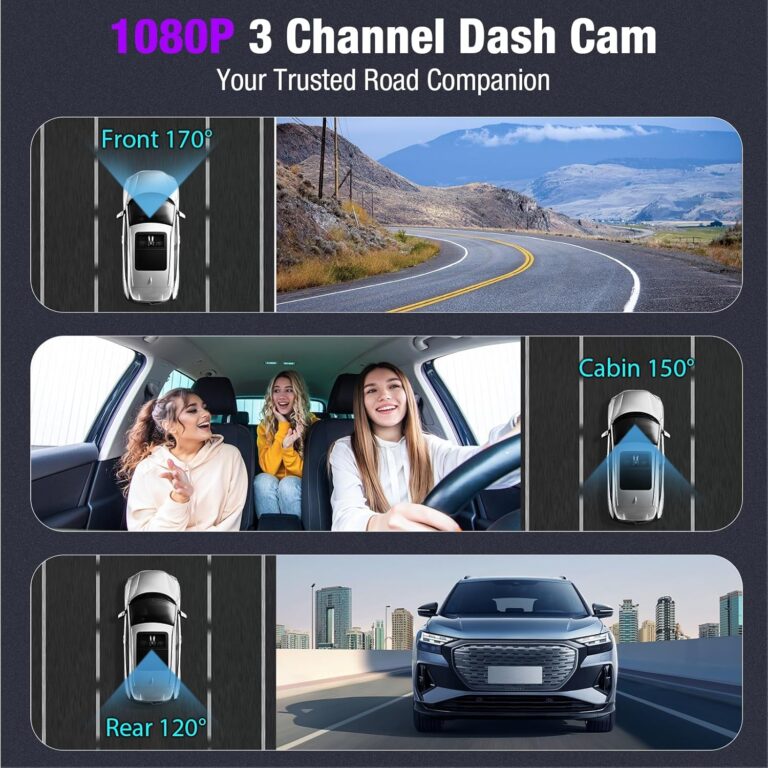 3 Channel 4K Wifi Dash Cam, 4K/2.5K+1080P+1080P Front inside and Rear, Triple Dash Camera with 64GB Card, APP Control, G-Sensor, 24 Hours Parking Mode, Loop Recording, Night Vision