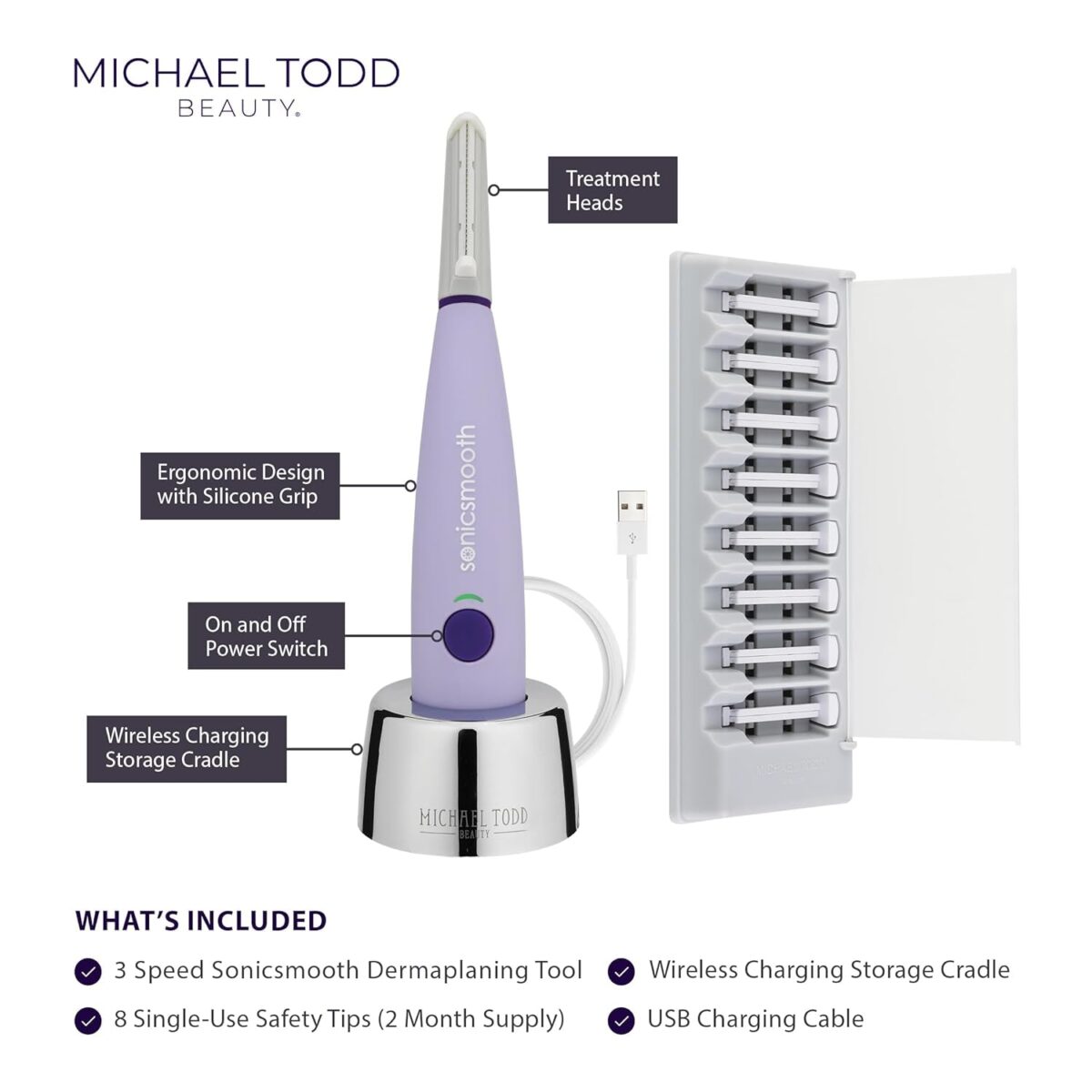 Michael Todd Beauty - Sonicsmooth – SONIC Technology Dermaplaning Tool - 2 in 1 Women’S Facial Exfoliation & Peach Fuzz Hair Removal System with 8 Weeks of Safety Edges