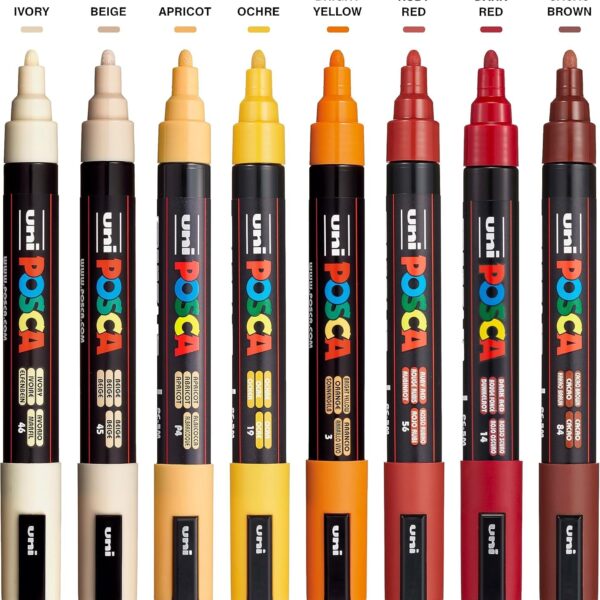 Posca Markers Set, 8 Medium Paint Markers 5M – Warm Tones – Ivory, Beige, Apricot, Ochre, Bright Yellow, Ruby Red, Dark Red, Cacao Brown