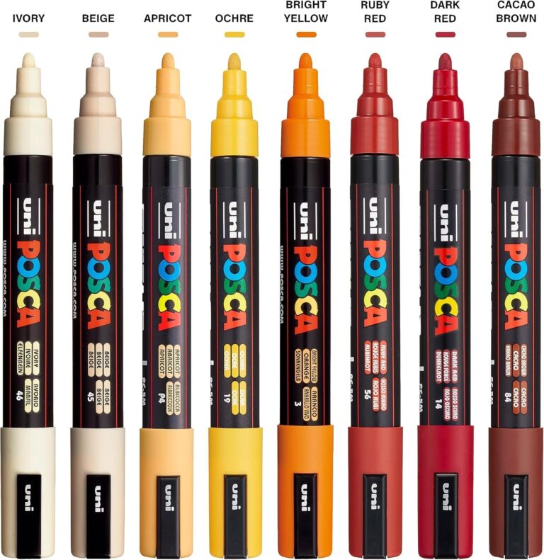 Posca Markers Set, 8 Medium Paint Markers 5M – Warm Tones – Ivory, Beige, Apricot, Ochre, Bright Yellow, Ruby Red, Dark Red, Cacao Brown