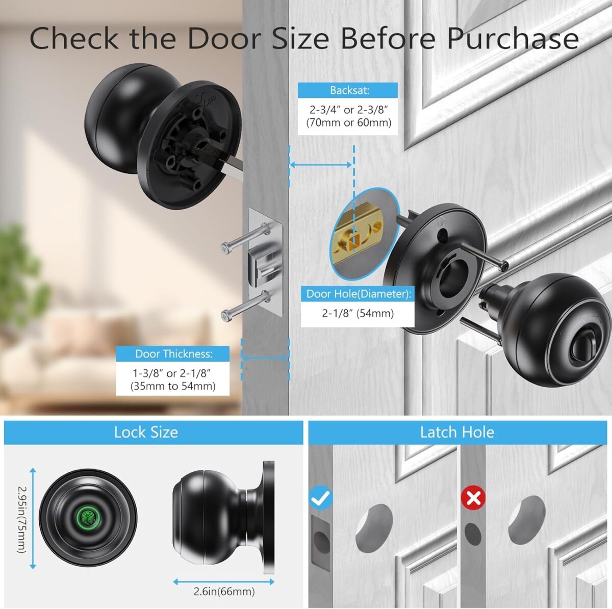 Geektale Fingerprint Door Knob Lock for Bedroom Basement Garage Office with App, Smart Knob,Biometric Thumbprint Fingerprint Door Lock, Entry Private Passage Mode 3In1