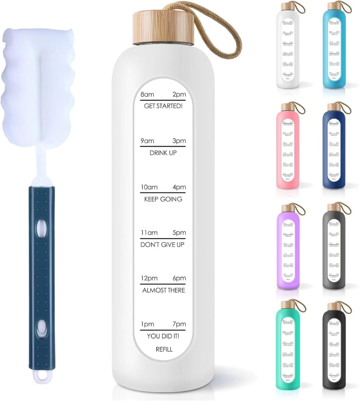 PROBTTL 32 Oz Borosilicate Glass Water Bottle with Time Marker Reminder Quotes, 1 Liter Leak Proof Reusable BPA Free Motivational Water Bottles with Silicone Sleeve and Bamboo Lid (White)