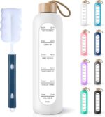 PROBTTL 32 Oz Borosilicate Glass Water Bottle with Time Marker Reminder Quotes, 1 Liter Leak Proof Reusable BPA Free Motivational Water Bottles with Silicone Sleeve and Bamboo Lid (White)