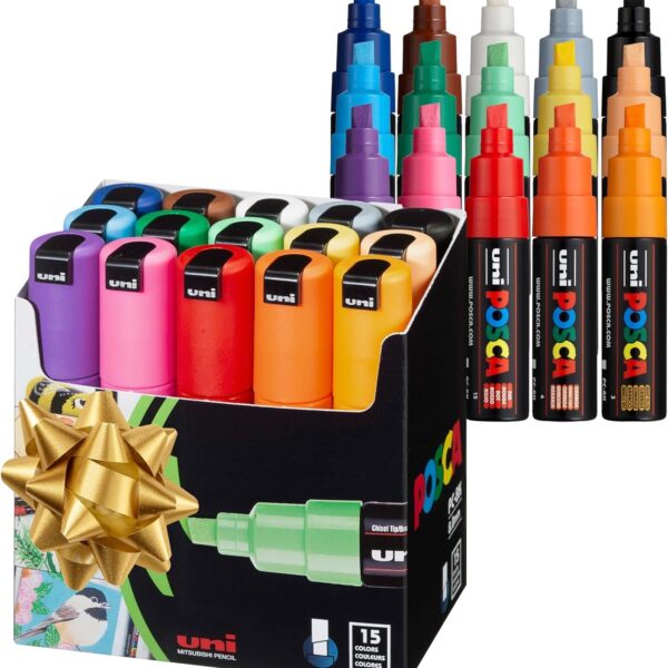 15 Posca Paint Markers, 8K Broad Coloring Markers with Broad Chisel Tips, Set of Acrylic Paint Pens for Art Supplies, Fabric Paint, Fabric Markers, Paint Pen, Art Markers