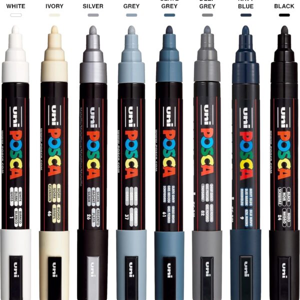 Posca Markers Set, 8 Medium Paint Markers 5M – Mono Tones – White, Ivory, Silver, Grey, Slate Grey, Deep Grey, Navy Blue, Black