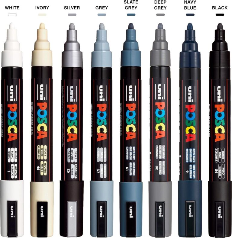 Posca Markers Set, 8 Medium Paint Markers 5M – Mono Tones – White, Ivory, Silver, Grey, Slate Grey, Deep Grey, Navy Blue, Black